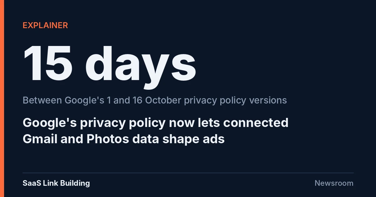 Data card: 15 days between Google's 1 and 16 October privacy policy versions, which let connected Gmail and Photos data shape ads