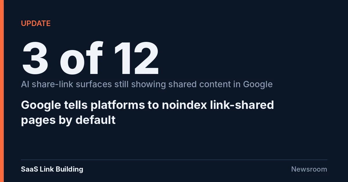 Data card: 3 of 12 AI share-link surfaces still show shared content in Google as Google tells platforms to noindex link-shared pages