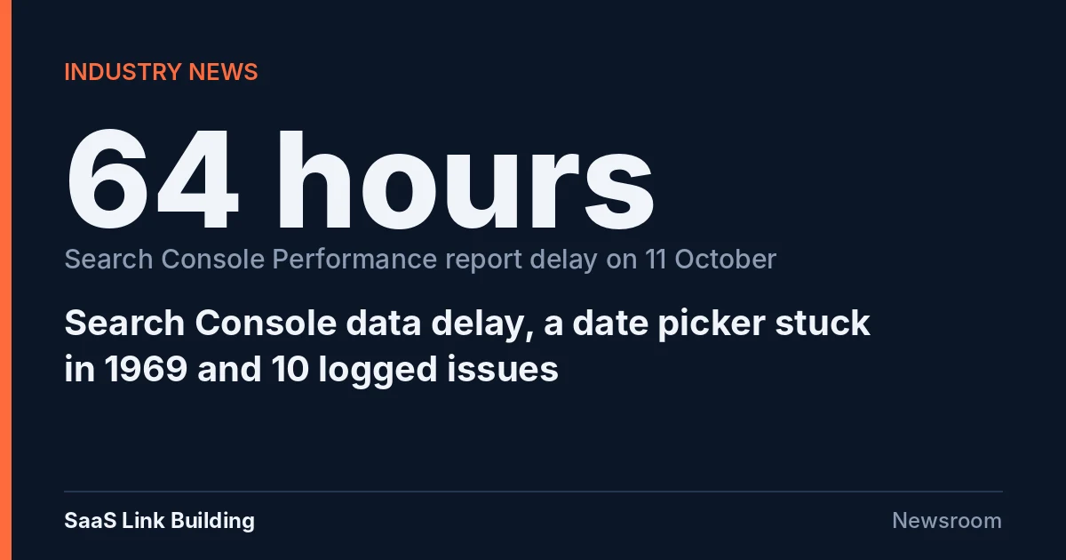 Data card: 64-hour Search Console Performance report delay on 11 October, plus a date picker stuck in 1969.