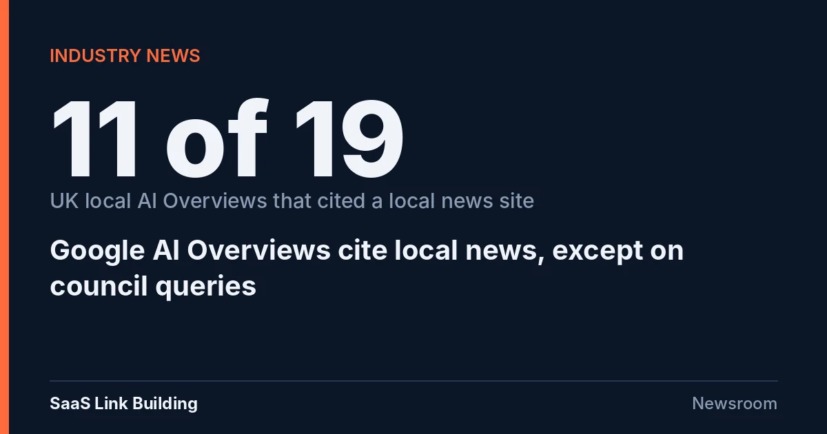 Data card: 11 of 19 UK local Google AI Overviews cited a local news site, except on council queries