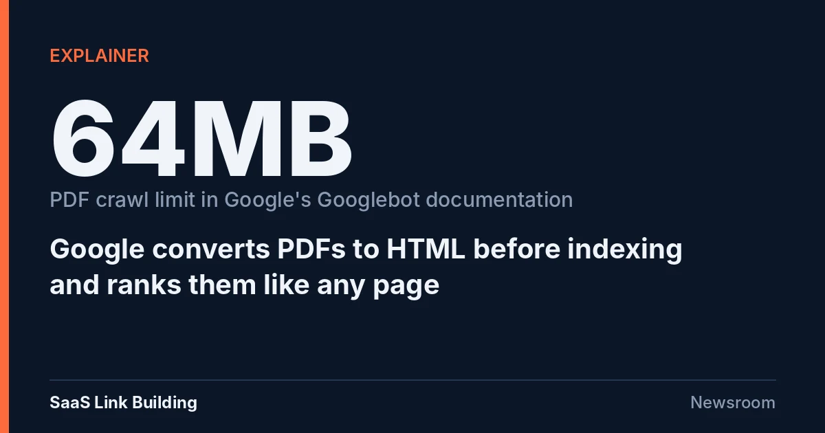 Data card: 64MB PDF crawl limit in Google's Googlebot documentation. Google converts PDFs to HTML before indexing.