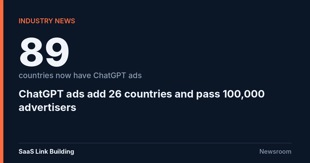 Data card: Industry news. 89 countries now have ChatGPT ads. ChatGPT ads add 26 countries and pass 100,000 advertisers.